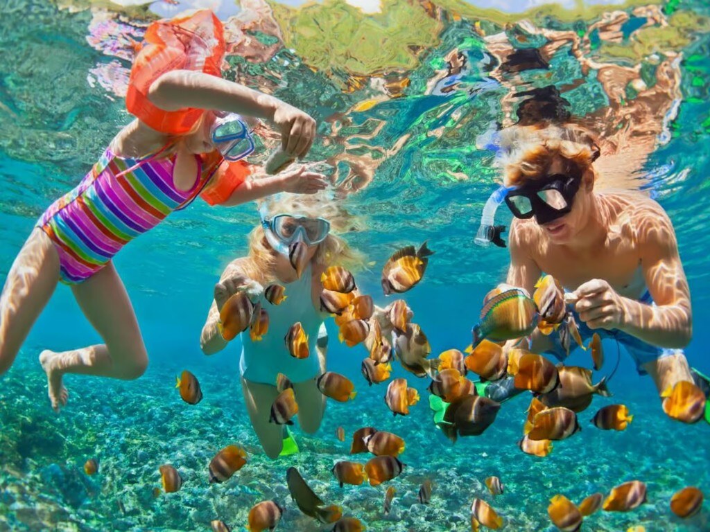 Family snorkeling with fish