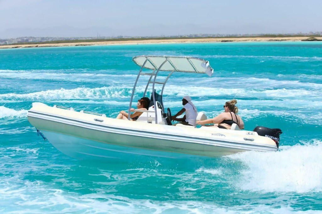 RIB with canopy near coast